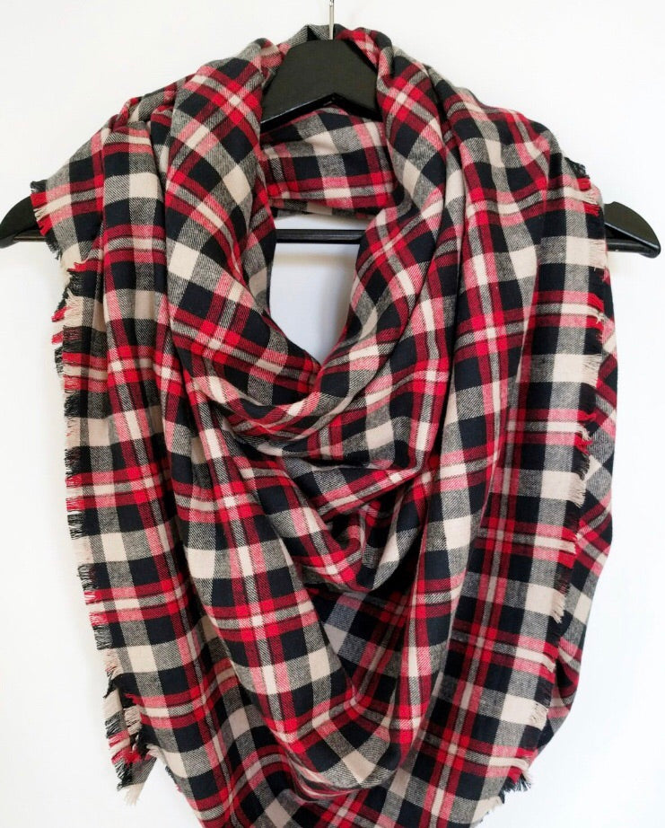 Red, Tan and Black Plaid Blanket Scarf